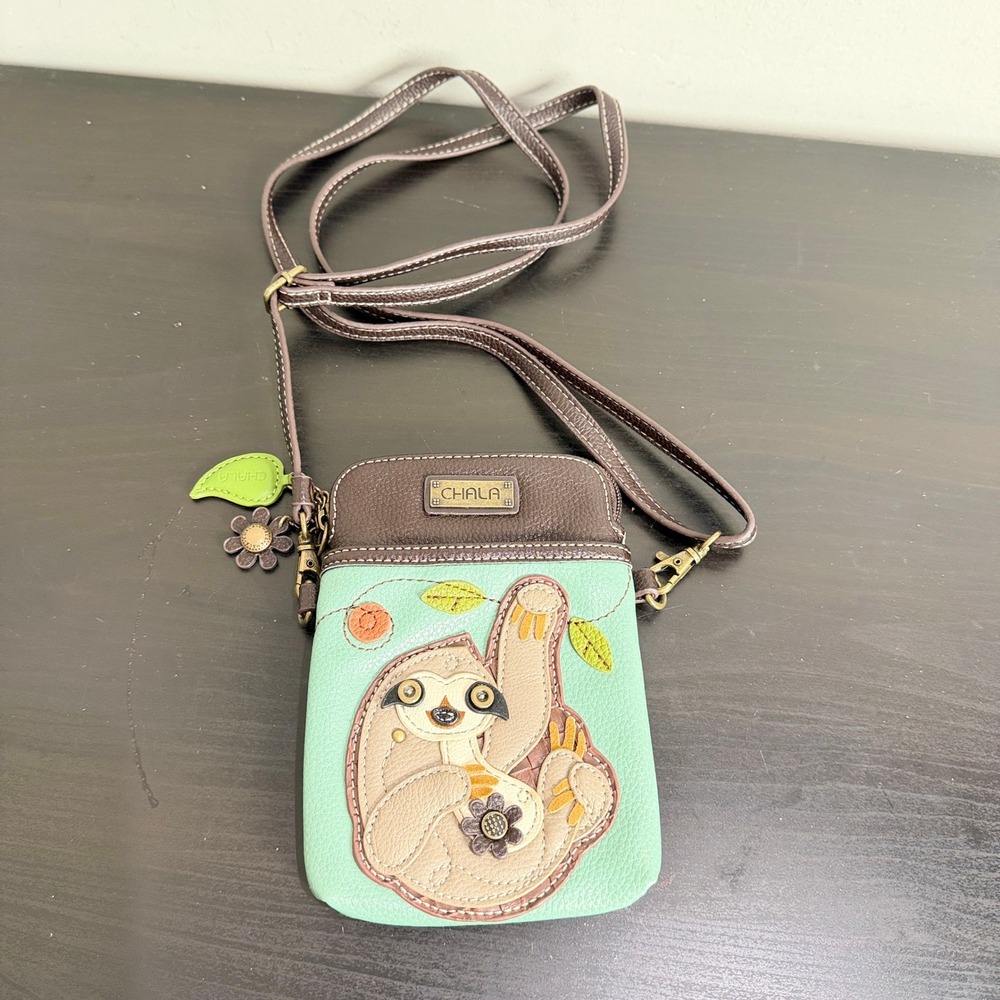 Chala Handbags Sloth Cell Phone Crossbody Purse Teal Vegan Leather Animal
